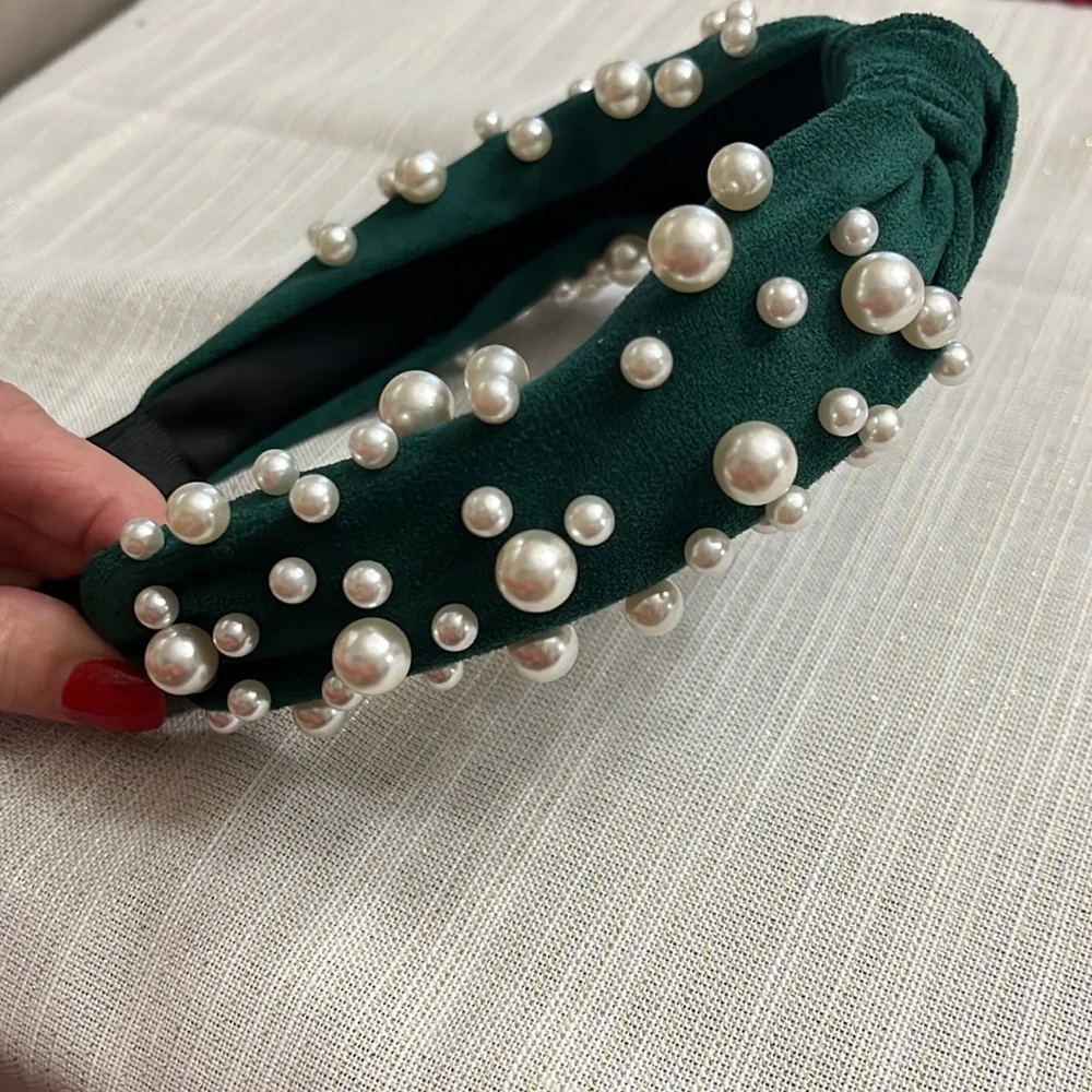Green faux suede with pearls headband